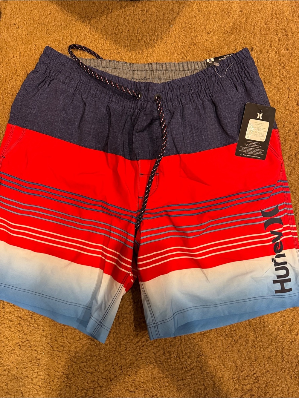 Hurley Men’s Red, Navy & Light Blue Striped Swim Trunks